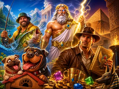 Promotional artwork featuring characters and worlds from popular casino slot games.